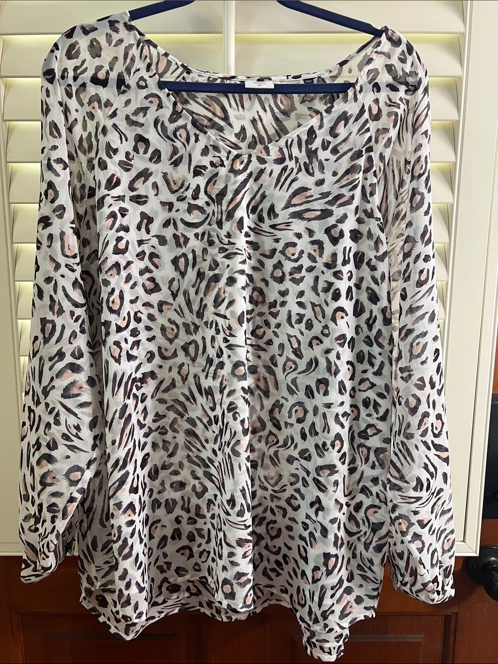 CAbi Animal Print Top in White, Charcoal, and Blush